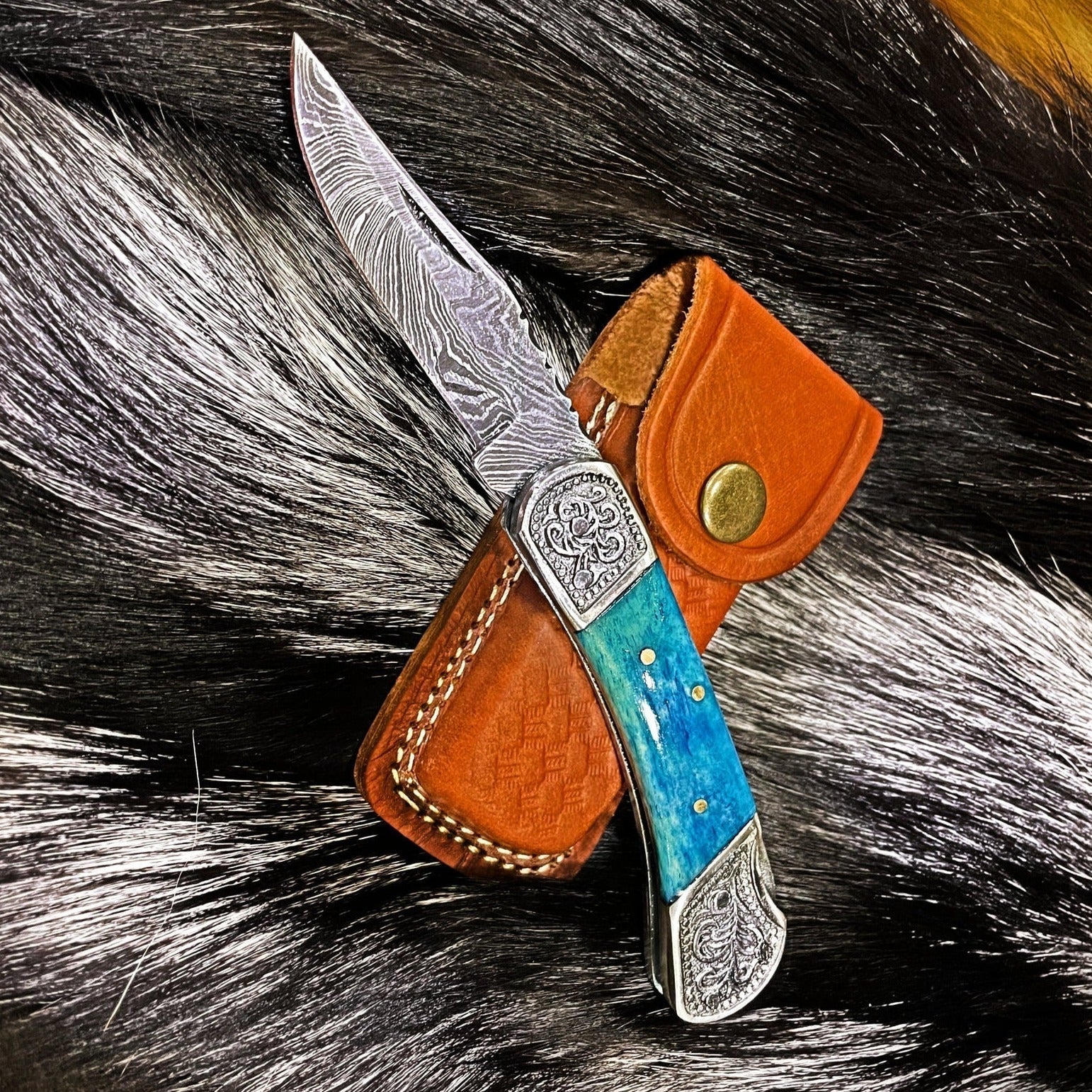 Dyed Blue Bone Damascus Pocket Knife