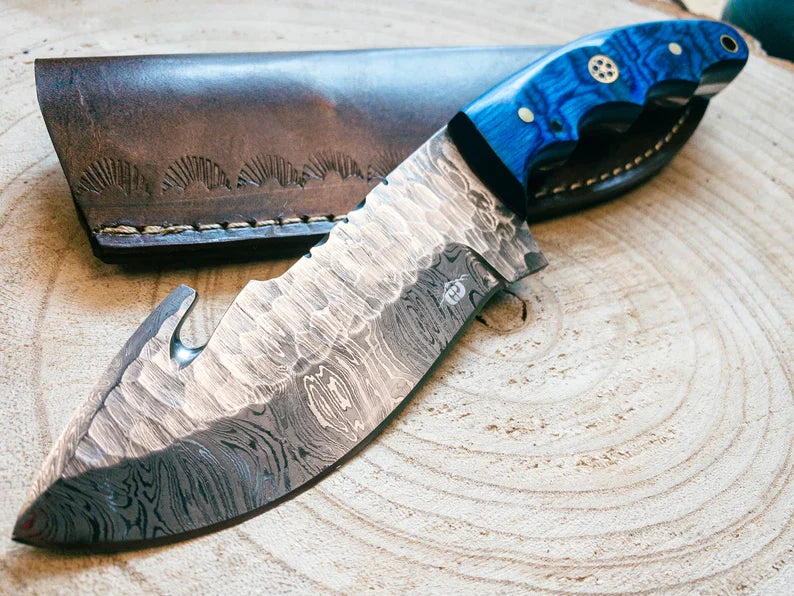 Dyed Blue Bone Damascus Pocket Knife - Groovy Guy Gifts