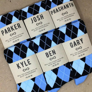 Personalized Groomsmen Proposal Socks Blue and Black Argyle