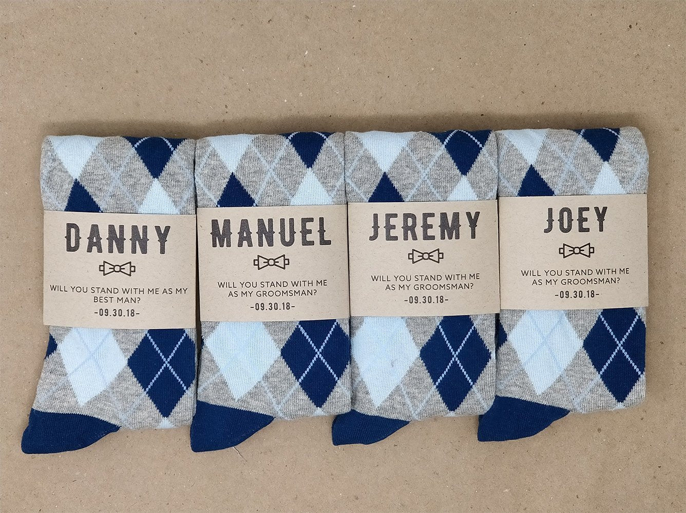 Personalized Groomsmen Proposal Socks Blue and Grey Argyle
