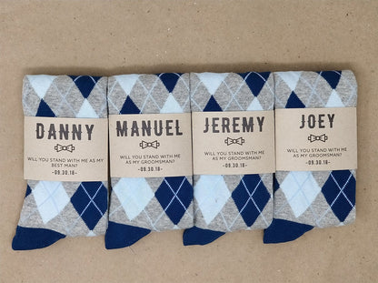 Personalized Groomsmen Proposal Socks Blue and Grey Argyle