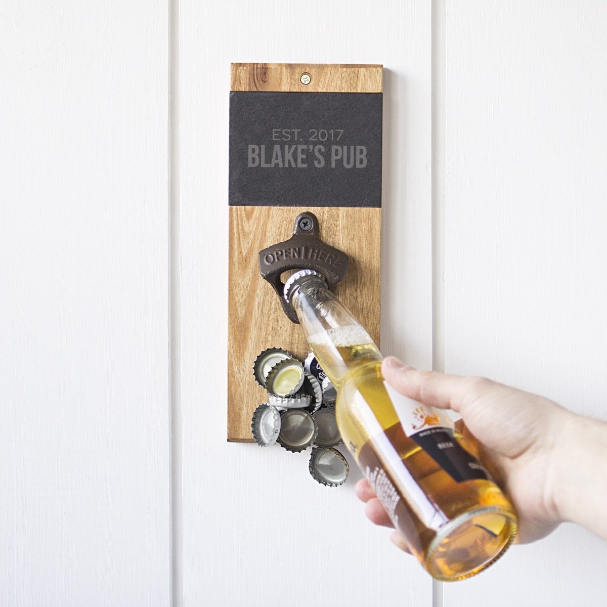 Personalized Slate &amp; Acacia Wall Mount Bottle Opener with Magnetic Cap Catcher