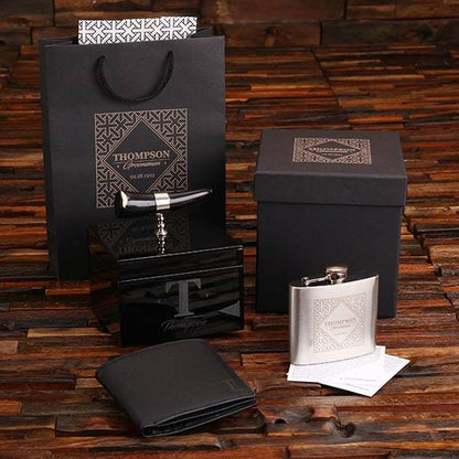 Personalized Wallet, Flask & Ox Horn Handle Box Gift