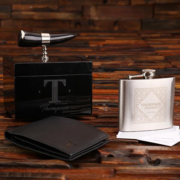 Personalized Wallet, Flask & Ox Horn Handle Box Gift