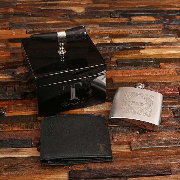 Personalized Wallet, Flask & Ox Horn Handle Box Gift