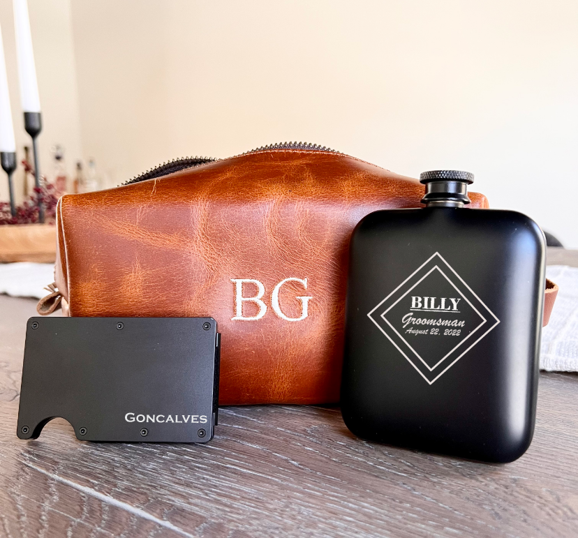 The Essential Groomsmen Gift Set - Toiletry Bag, Wallet, &amp; Flask Gift Set